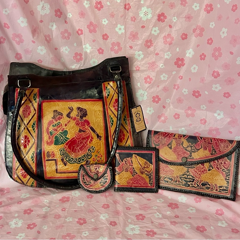 Vintage Handmade Leather Purse Wallet Clutch Set Embossed Made In India Imported